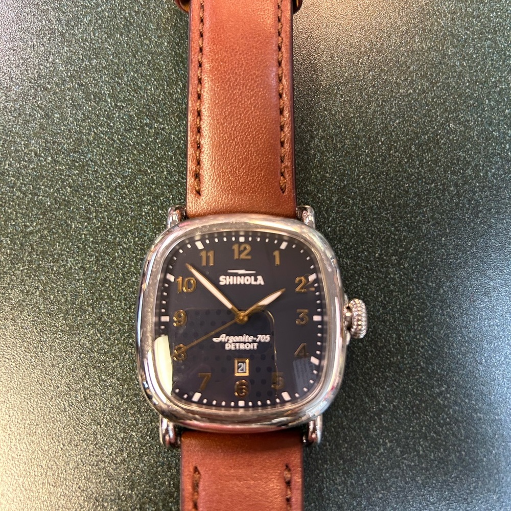 Shinola Guardian w/navy dial and saddle brown leather strap.